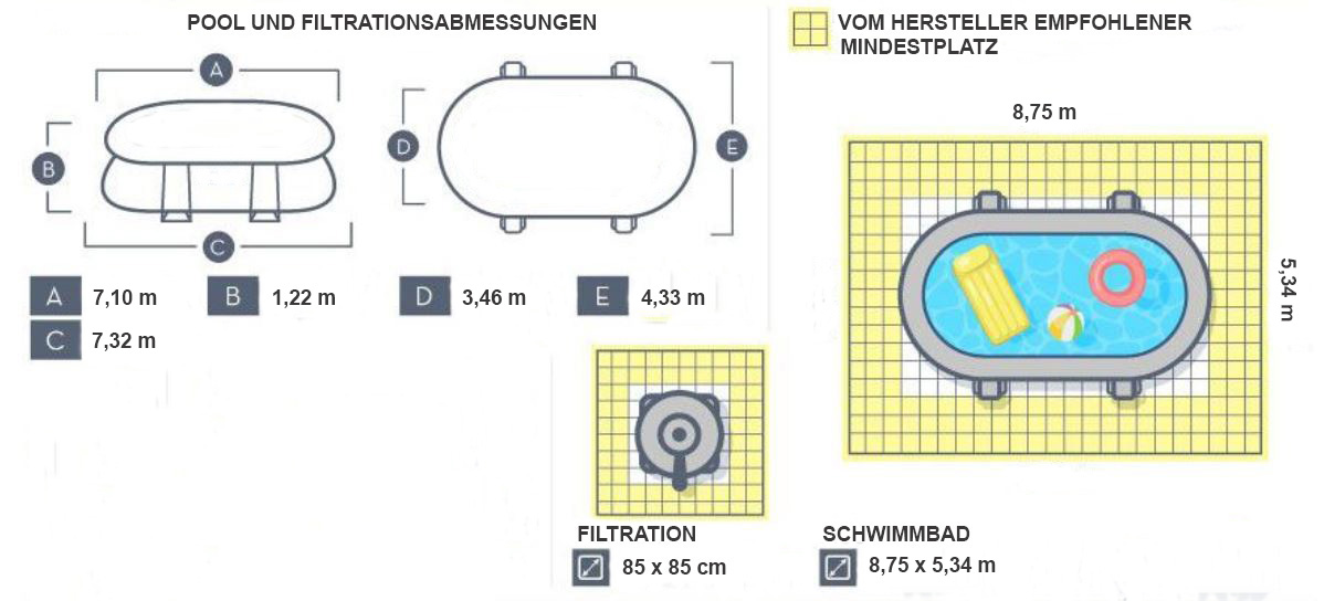 dimensions piscine tubulaire ovale aspect bois 7,32 x 3,66 x 1,22m