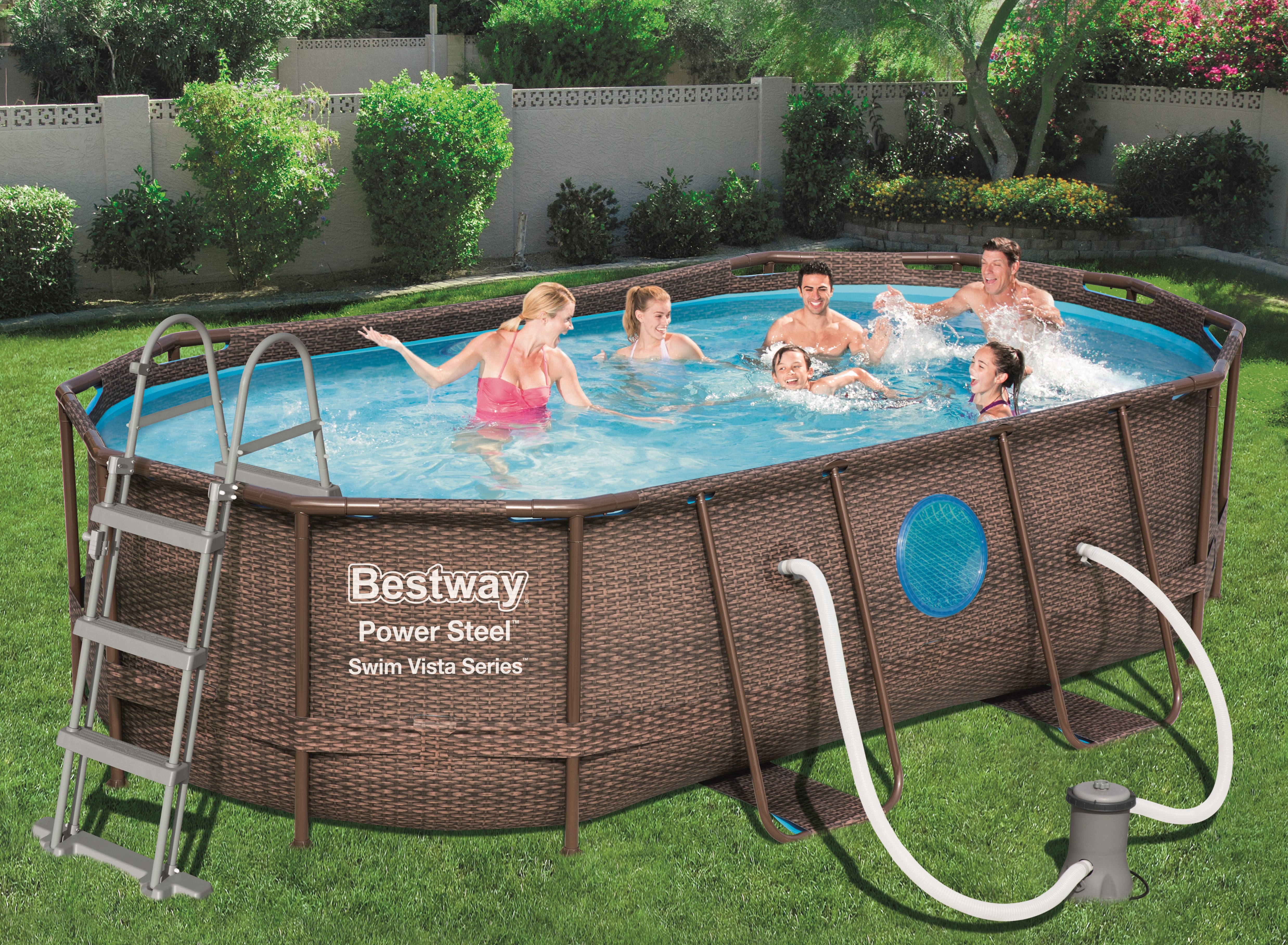 Piscine tubulaire 549 x 274 x 122 cm Hors sol Rectangulaire Effet rotin  Power Steel BESTWAY