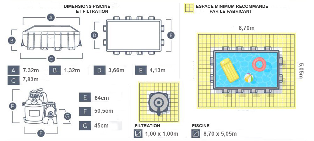 Dimensions piscine tubulaire rectangulaire bestway 7,32 x 3,66 x 1,32m