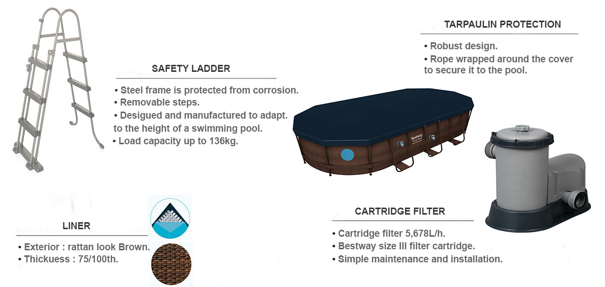 equipements inclus pour piscine ovale rotin marron 5.49 x 2.74 x 1.22m